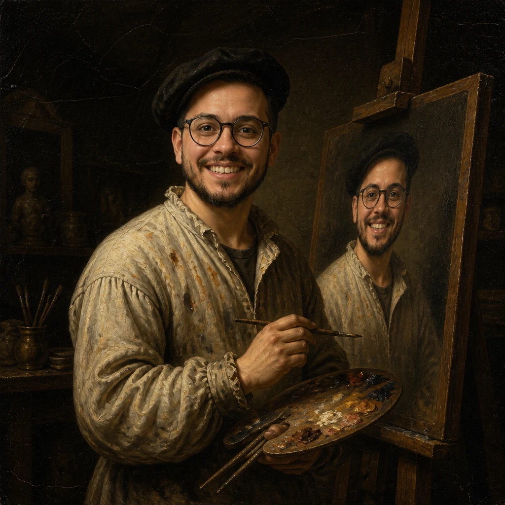Renaissance painting of Matthew as a court painter at an easel, painting a portrait of himself
