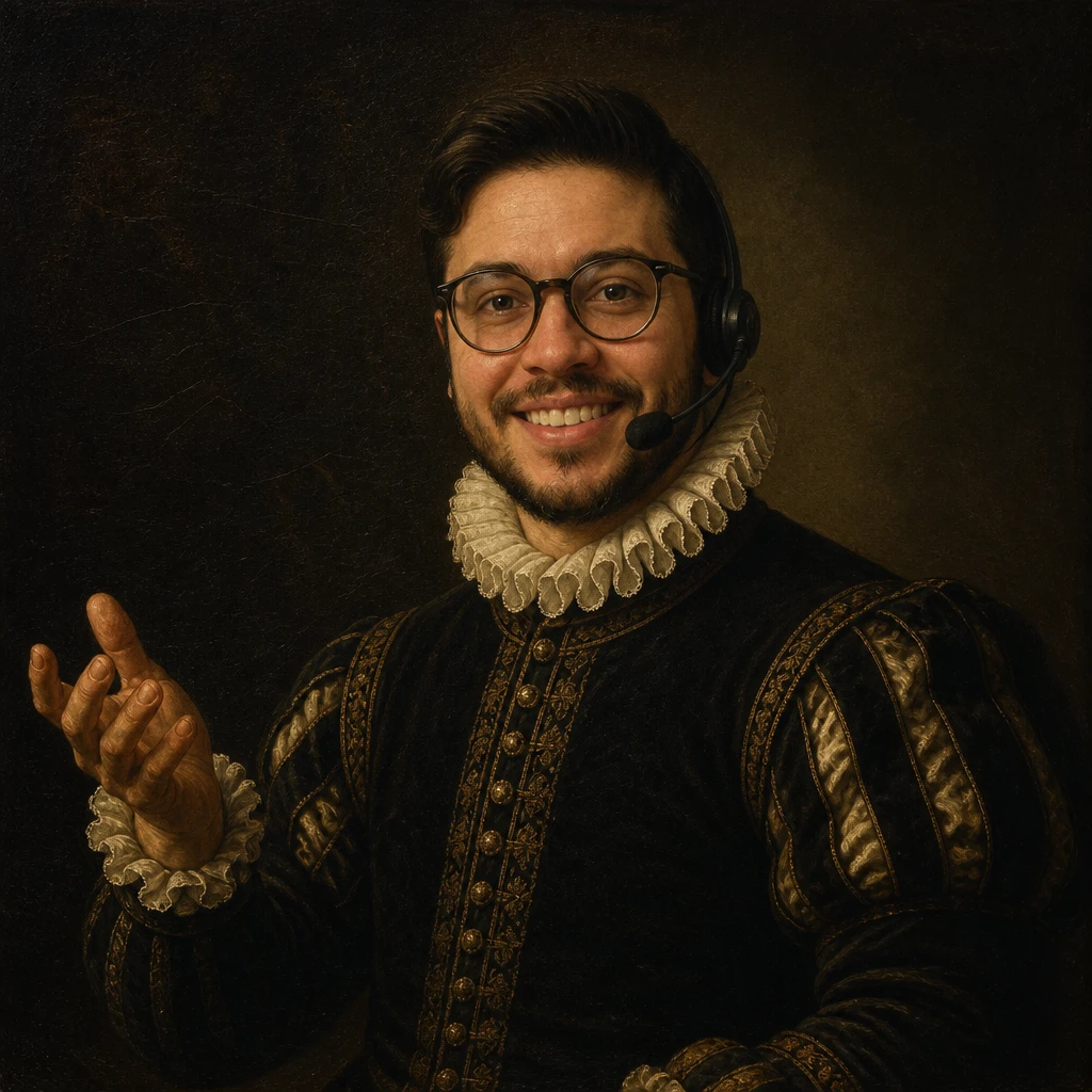 Renaissance painting of Matthew as a courtier wearing a modern call-center headset over a ruff collar