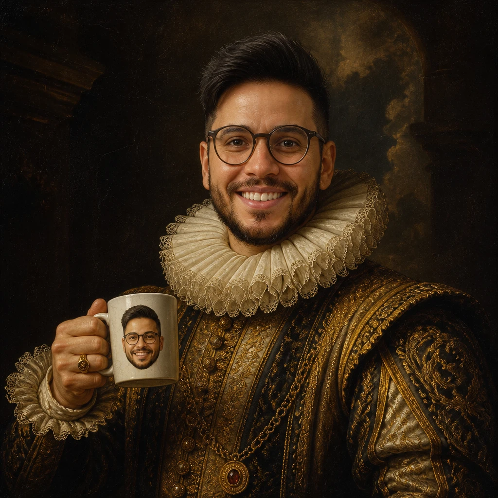 Renaissance oil painting of Matthew as a smug noble founder holding a mug printed with his own face