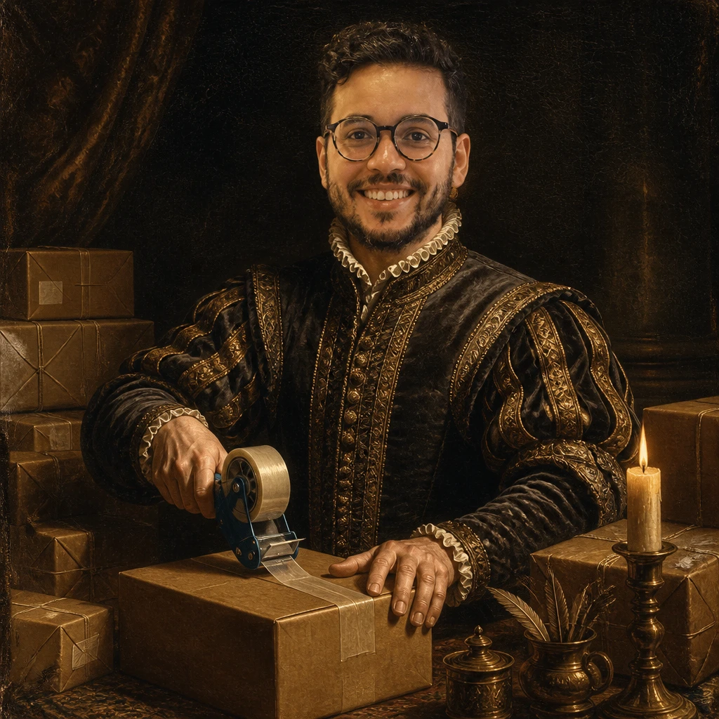 Renaissance painting of Matthew in noble dress sealing a cardboard shipping box with a tape gun