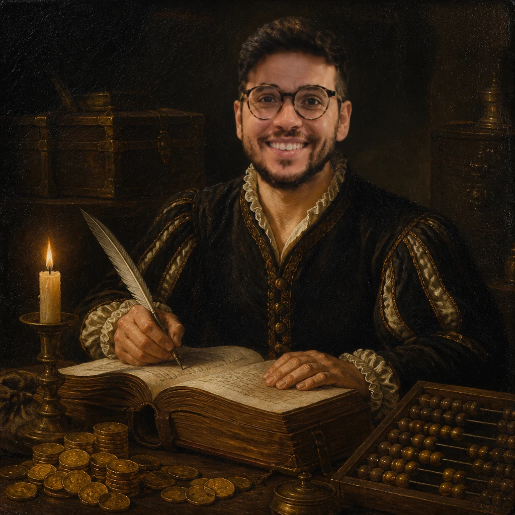 Renaissance painting of Matthew as a treasurer writing in an enormous leather ledger by candlelight