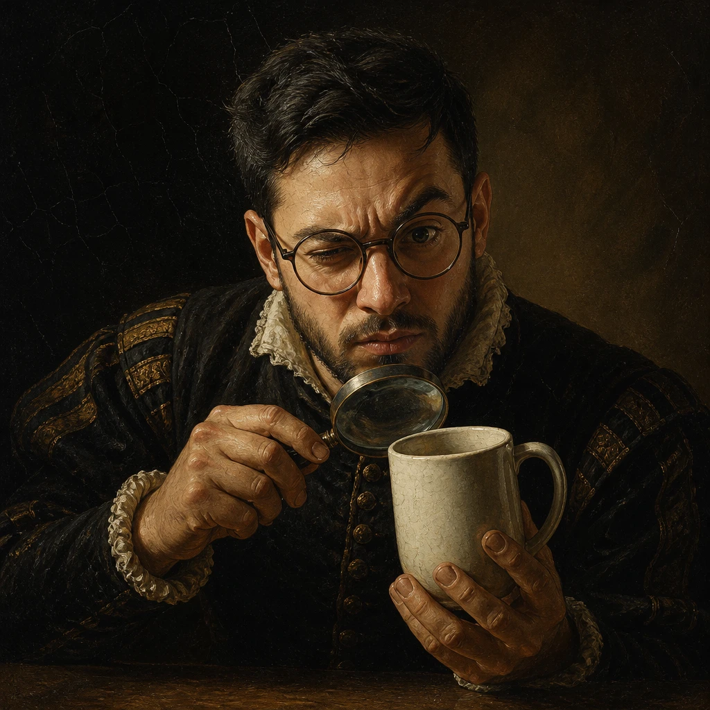 Renaissance painting of Matthew as a stern guild inspector examining a mug through a magnifying glass