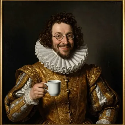 Renaissance oil-painting portrait of a smiling man in nobleman's dress, holding a coffee mug